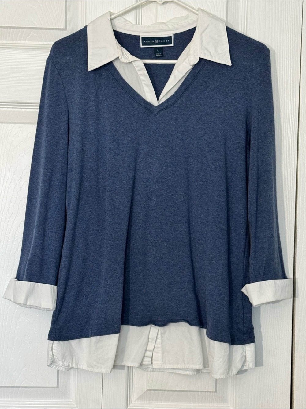 Karen Scott Blue Layered-Look Mock Shirt V-Neck Sweater Top L